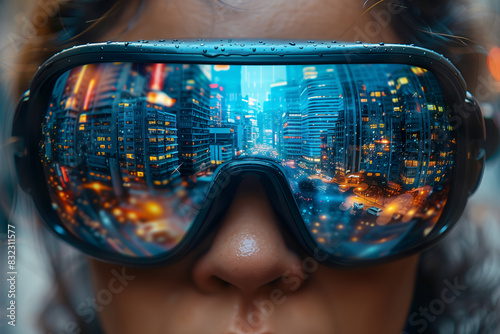 Close-up of hands holding augmented reality glasses with a cityscape overlay visible through the lenses