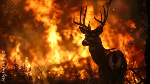 A dramatic photo, taken with a Canon EOS camera, showcasing a backlit California mule deer silhouetted against a raging inferno. The deer's head is turned back for a fleeting glance, capturing its