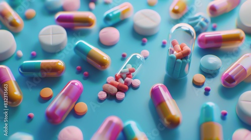 Colorful pills and vials of medicine on a blue background, 3D rendering. AI generative technology