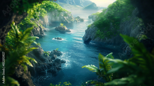 View of the blue sea, surrounded by rocky cliffs and lush greenery, captured in high resolution. The scene is bathed in soft natural light, creating an ethereal atmosphere