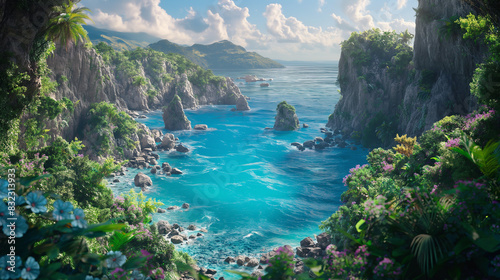 View of the blue sea, surrounded by rocky cliffs and lush greenery