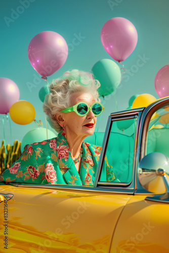 Fun summer outside scene with fashionable grandmother driving old timer convertible car.