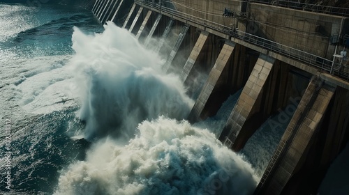 A dynamic shot of water rushing out of a hydroelectric dam's floodgates during a controlled release. The powerful flow of water is depicted as a force of nature harnessed by technology.