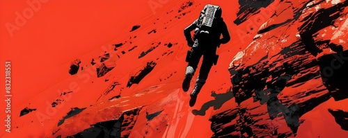 Brave Astronaut Navigates Treacherous Martian Canyon with Jetpack in Dramatic Pop Art Landscape