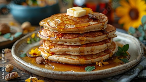 A delicious and healthy breakfast of pancakes made with whole wheat flour and topped with fresh fruit and nuts.