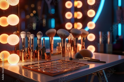 A professional makeup setup with brushes and palette arranged on a vanity table under bright studio lights, ready for use in a glamorous setting.