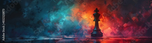 Abstract chess king piece on a vibrant, colorful background; concept of strategy, leadership, and power in a mystical setting.