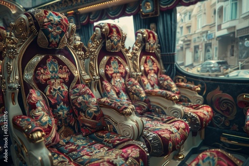 row of opulently decorated seats inside a luxurious train carriage, showcasing intricate patterns and rich fabrics.