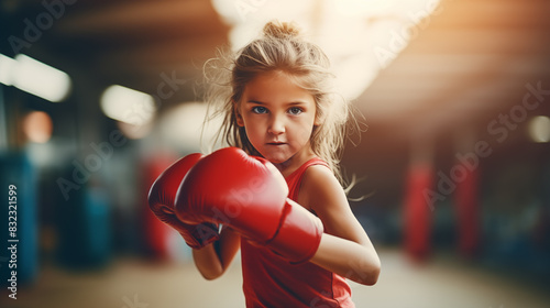 The girl is engaged in boxing. Childhood. Active lifestyle.person with gloves