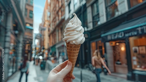a hand holding a melting ice cream cone against a random urban backdrop, capturing the bittersweet essence of indulgence amidst the hustle and bustle of city life.