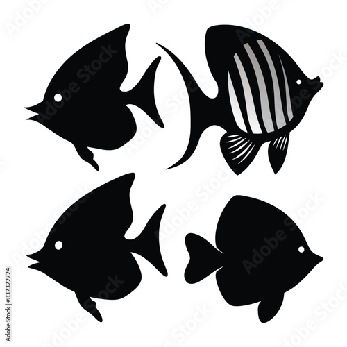 Set of Butterfly Fish animal black silhouettes vector on white background