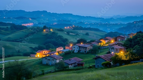 Tranquil Countryside Twilight - Rolling Hills Bathed in Blue Hour Glow and Warm Farmhouse Lights