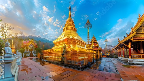 Majestic Golden Buddhist Pagoda at Renowned Wat Phra That Doi Suthep Shrine in Thailand