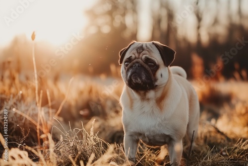 A photo of a pug dog standing in a meadow, facing the camera, bathed in dappled sunlight. The serene setting highlights the dog's calm and content expression.