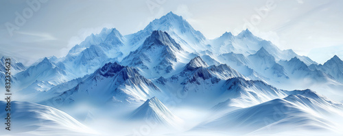 Breathtaking snowy mountain range with misty clouds and clear blue sky. Ideal for nature, travel, and adventure themes.