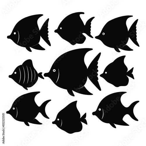 Set of Butterfly Fish animal black silhouettes vector on white background