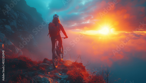 Person enjoying a stunning mountain bike ride at sunset, surrounded by colorful clouds and breathtaking landscapes.