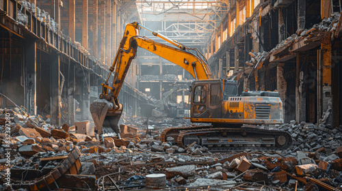 Heavy machinery operating amidst rubble in dilapidated factory setting