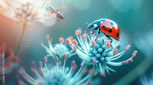 Close up picture of a ladybug on a flower in a garden gathering nectar