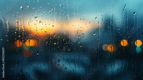 Capture the mood of rainy days in a minimalist digital artwork. Show raindrops falling against a windowpane or puddles forming on the ground, with muted colors and soft, blurred edges. Use simple