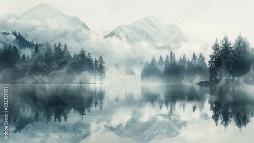 Illustrate the tranquil beauty of misty mornings in a minimalist digital artwork. Depict a serene landscape enveloped in mist, with soft, muted colors and subtle, blurred details. Use clean lines and