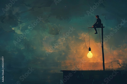 a image of a man sitting on a pole with a light bulb
