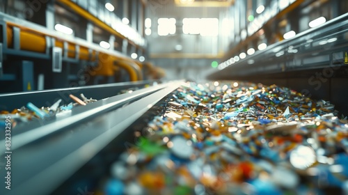A close-up of an automated sorting system using AI and machine learning to identify and separate different types of recyclable materials, set within a bustling recycling facility.