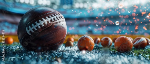 Close-up of wet footballs on a rainy field during a game, capturing the intensity and unpredictability of weather in sports.