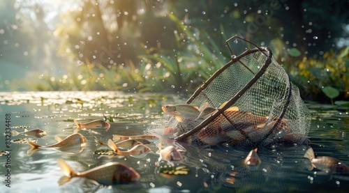 a image of a net filled with fish floating on top of a lake