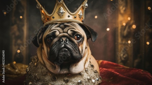 A closeup of a pug wearing a crown,