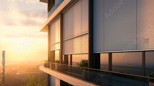 A residential tower with external movable solar shades that automatically adjust to block direct sunlight and reduce heat gain, shown during a hot summer day. 