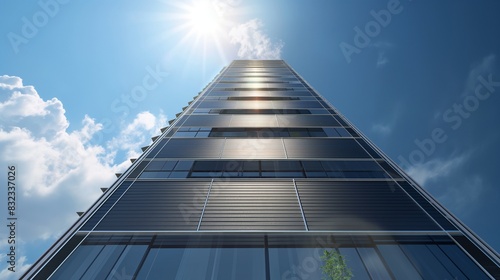 A residential tower with external movable solar shades that automatically adjust to block direct sunlight and reduce heat gain, shown during a hot summer day. 