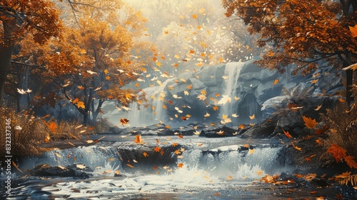 Leaves falling and river flowing in the mountain during autumn