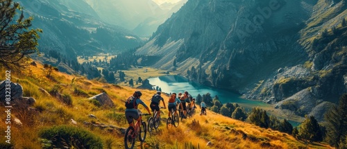 aerial view with beautiful view, group of teens in a funny race on mountain bikes
