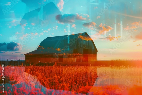 A dreamy double exposure of a rustic barn in a sunset field, blending natural and surreal elements for a unique artistic effect.