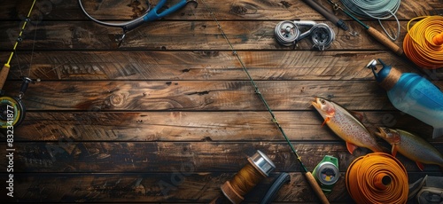 Assorted Fishing Gear on Rustic Wood