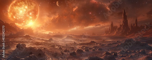 Desolate alien planet with rugged terrain and a red sky, muted tones, photorealistic, harsh and mysterious,