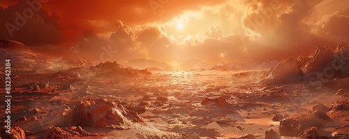 Desolate alien planet with rugged terrain and a red sky, muted tones, photorealistic, harsh and mysterious,