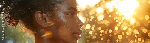 Woman with curly hair styled, looking away in a soft bokeh sunset background, with droplets creating a serene and calm aesthetic.