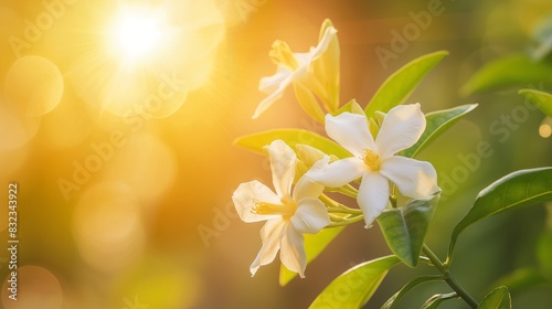 White jasmine flower and green leaves close up sun light shine through blurred background