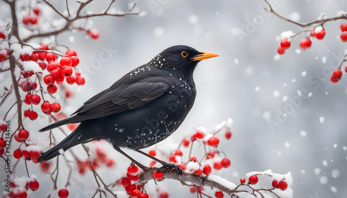 A blackbird rests on a snowy branch, surrounded by bright red berries, against a soft white background.