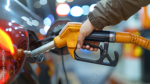 Hand holding petrol gas fuel dispenser gun fill up car vehicle blurred bokeh station background