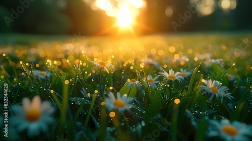 **Imagin Soft Scene Hues of a peaceful meadow at sunrise, with dew glistening on the grass