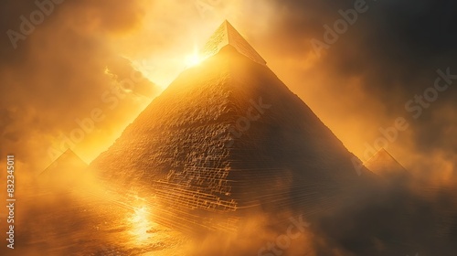 Illuminated pyramid in dramatic sunset