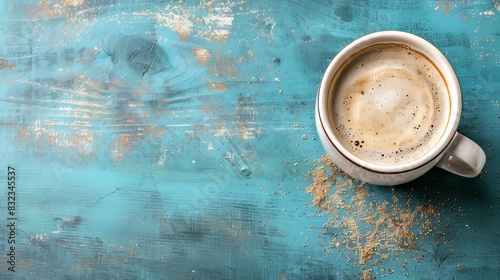 Aromatic coffee splash in cappuccino cup on vibrant blue background, fresh brew concept