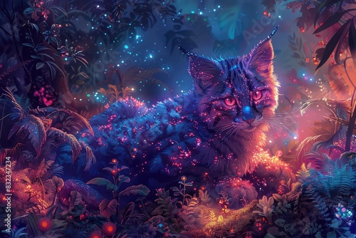 Fantasy savannah with mythical creatures and glowing plants, vibrant hues, fantasy, digital art, magical and whimsical,