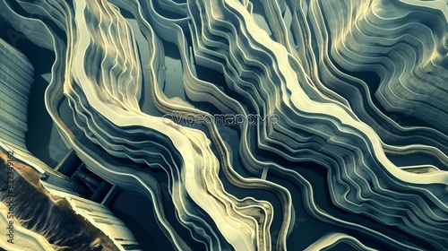 An abstract aerial view of the intricate network of water channels feeding into a hydroelectric dam. 