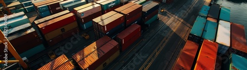 Aerial view of colorful cargo containers at a shipping port, showcasing international trade and commerce logistics in the early morning light.