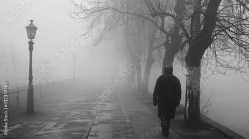 A solitary figure walks down a misty path, shrouded in fog, with streetlights casting a dim glow.