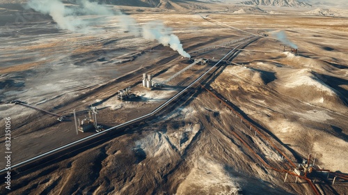 An aerial view of a geothermal field showing a series of wellheads connected by pipelines, which transport steam and hot water to a nearby power station. 